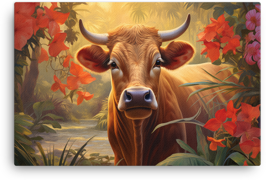 Tropical Twilight Cow Canvas Wall Art