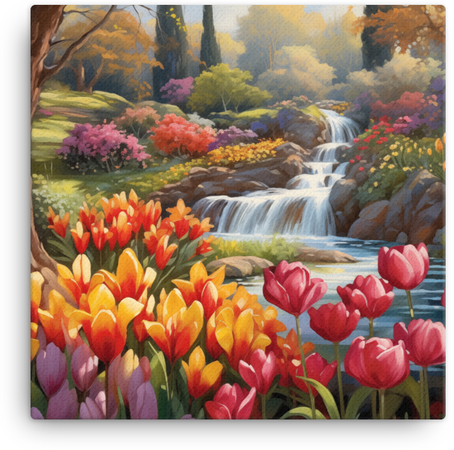 Tulip Paradise by the Waterfall Canvas Wall Art wall art