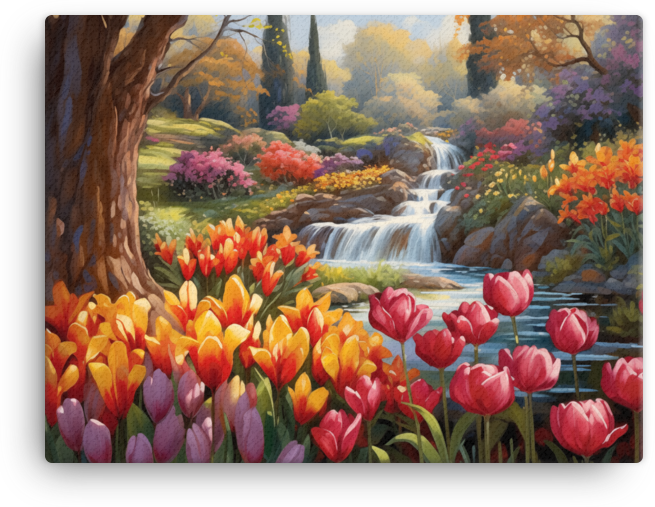 Tulip Paradise by the Waterfall Canvas Wall Art wall art