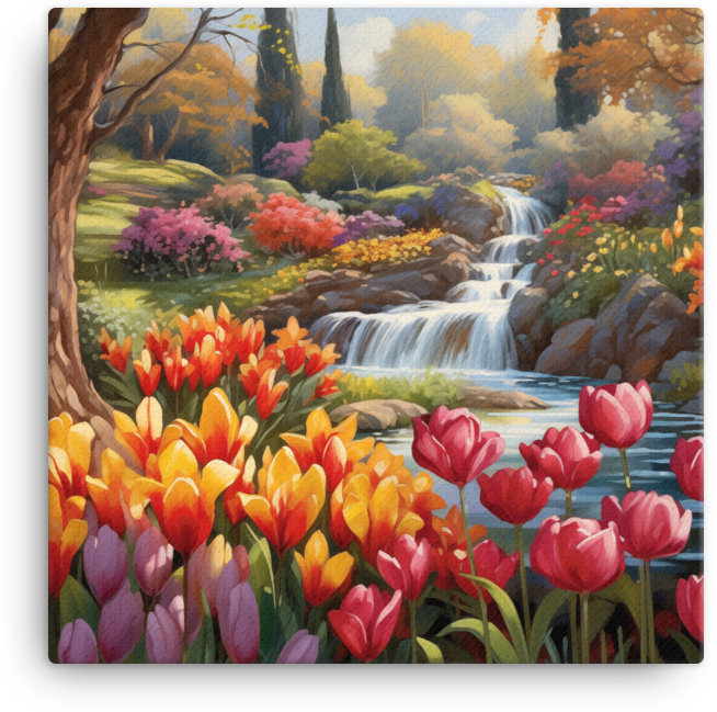 Tulip Paradise by the Waterfall Canvas Wall Art wall art