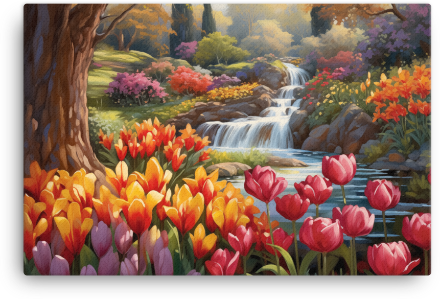 Tulip Paradise by the Waterfall Canvas Wall Art wall art