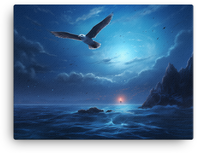 Twilight Flight Over Ocean Canvas Wall Art