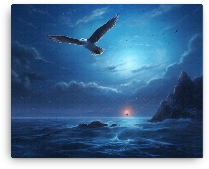 Twilight Flight Over Ocean Canvas Wall Art