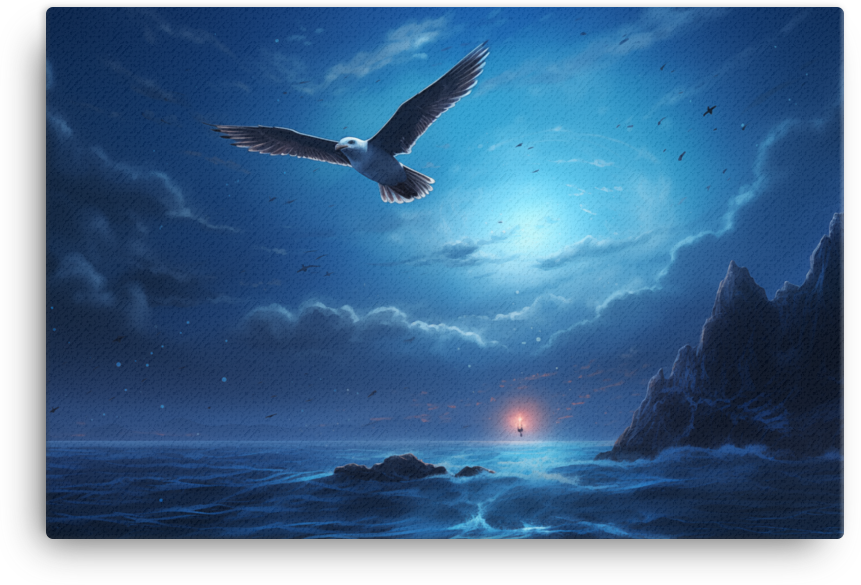 Twilight Flight Over Ocean Canvas Wall Art