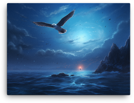 Twilight Flight Over Ocean Canvas Wall Art