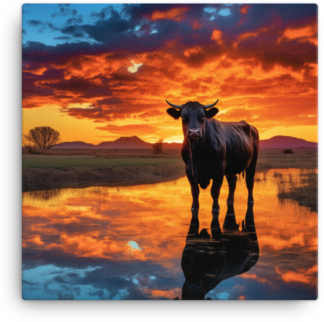 Twilight Reflection Cow Canvas Wall Art