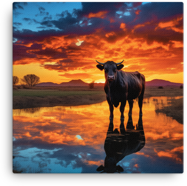 Twilight Reflection Cow Canvas Wall Art