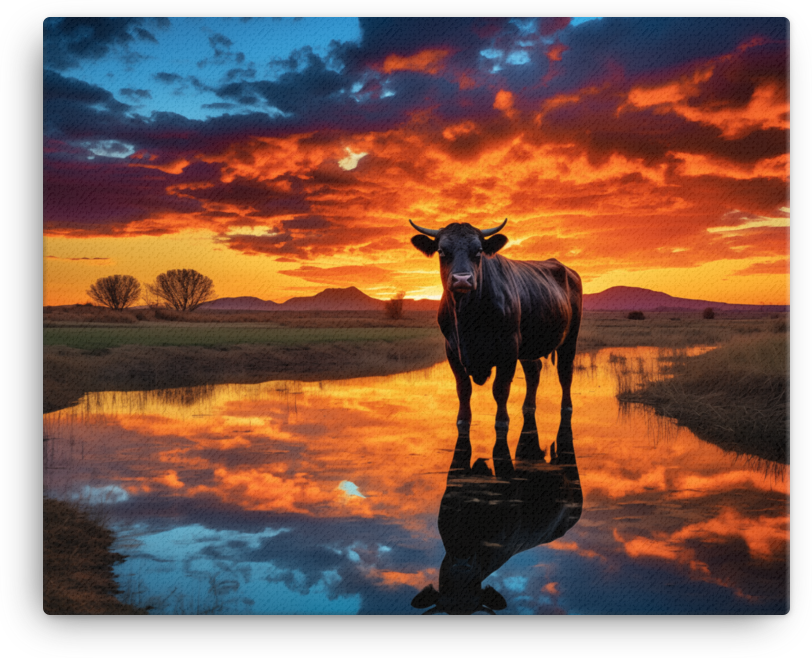 Twilight Reflection Cow Canvas Wall Art