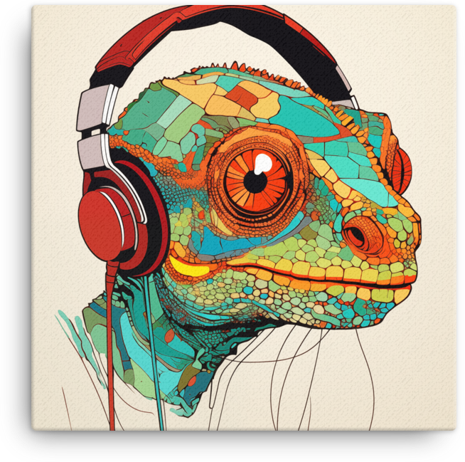 Vibrant Chameleon with Headphones Illustration Canvas