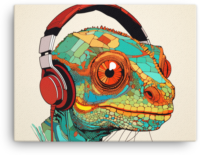 Vibrant Chameleon with Headphones Illustration Canvas