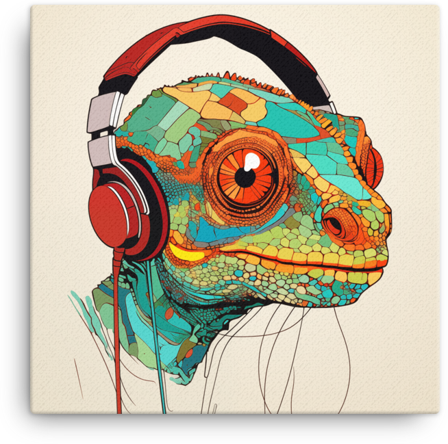 Vibrant Chameleon with Headphones Illustration Canvas