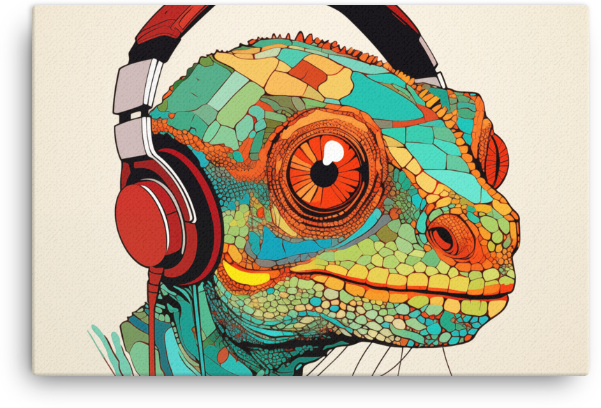 Vibrant Chameleon with Headphones Illustration Canvas