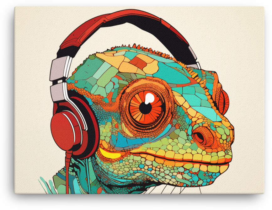 Vibrant Chameleon with Headphones Illustration Canvas