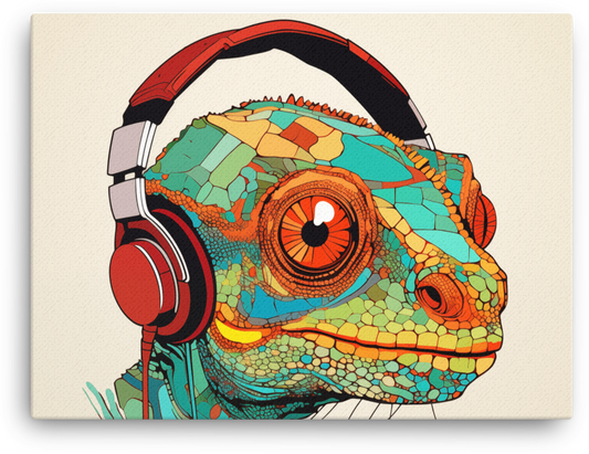 Vibrant Chameleon with Headphones Illustration Canvas