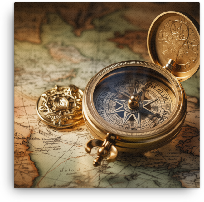 Vintage Navigational Compass on World Map Canvas