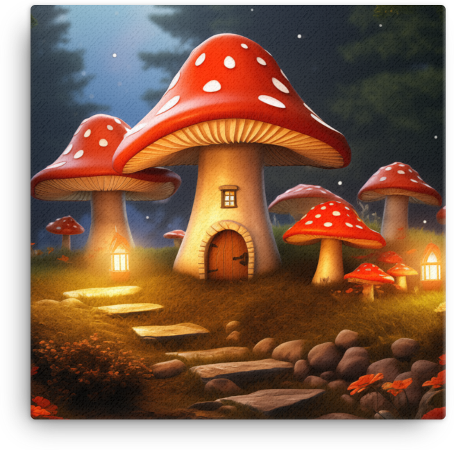 Whimsical Mushroom Cottage Canvas