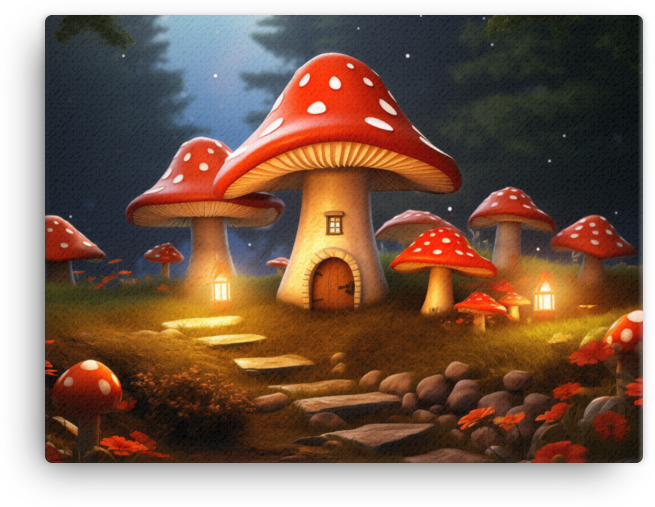 Whimsical Mushroom Cottage Canvas