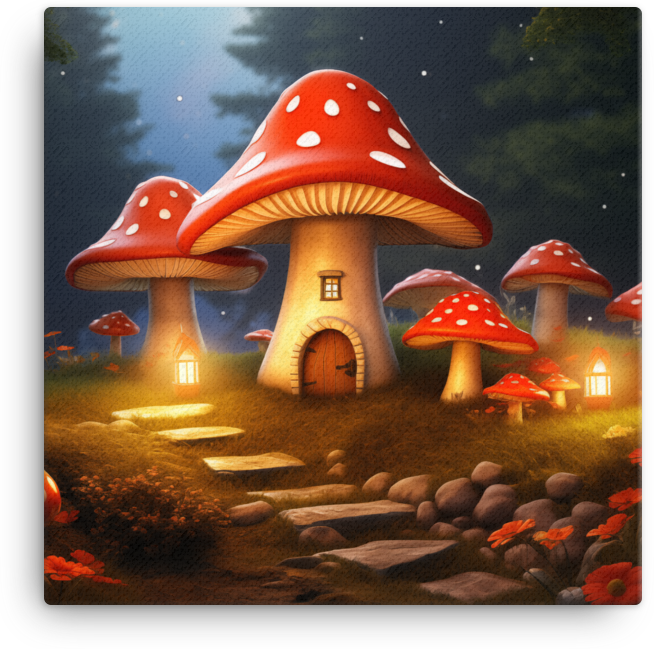 Whimsical Mushroom Cottage Canvas