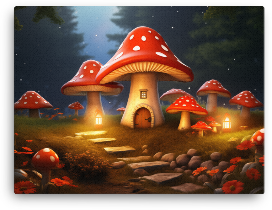 Whimsical Mushroom Cottage Canvas