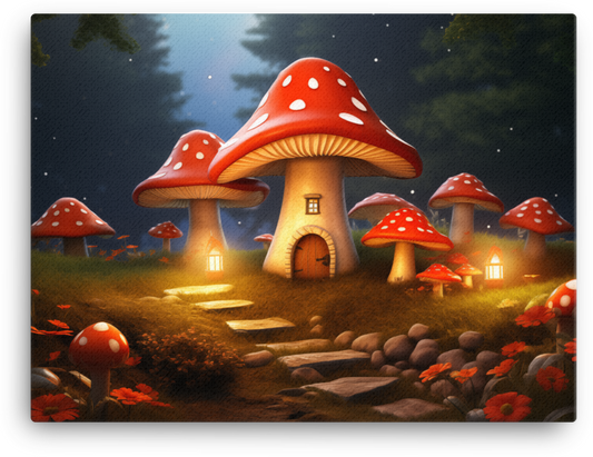 Whimsical Mushroom Cottage Canvas