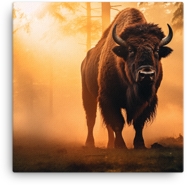 Misty Morning Bison Encounter Canvas Wall Art