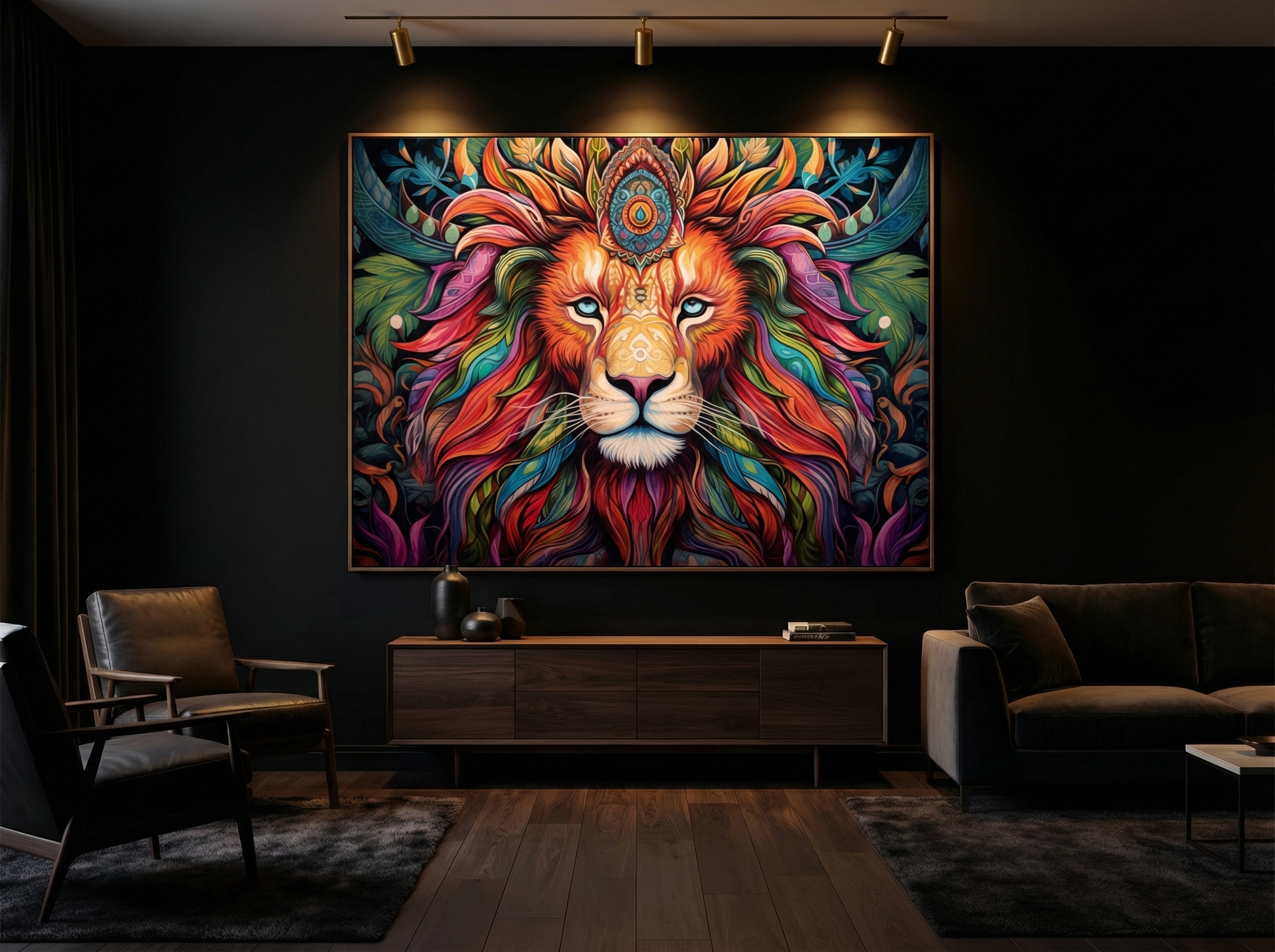 Vibrant Tribal Lion Canvas Wall Art — luxury room display