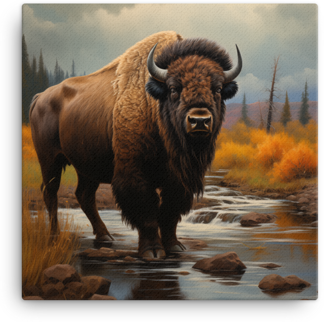 Mountain Stream Bison Canvas Wall Art
