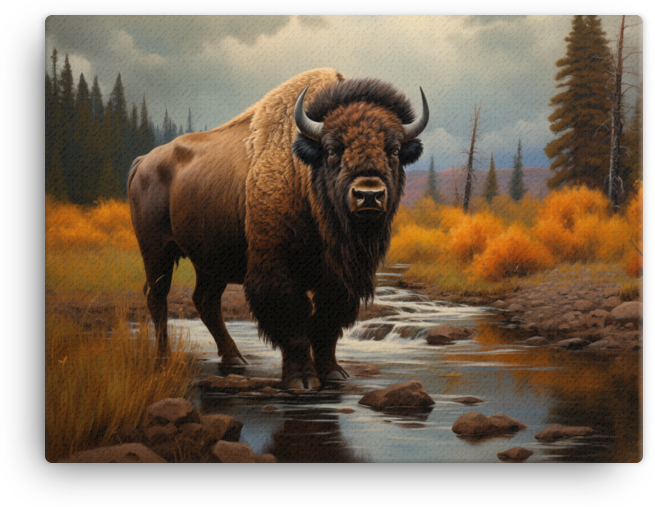 Mountain Stream Bison Canvas Wall Art