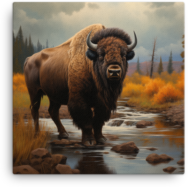 Mountain Stream Bison Canvas Wall Art