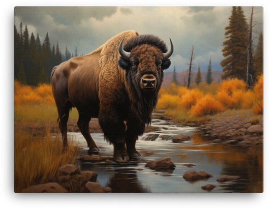 Mountain Stream Bison Canvas Wall Art