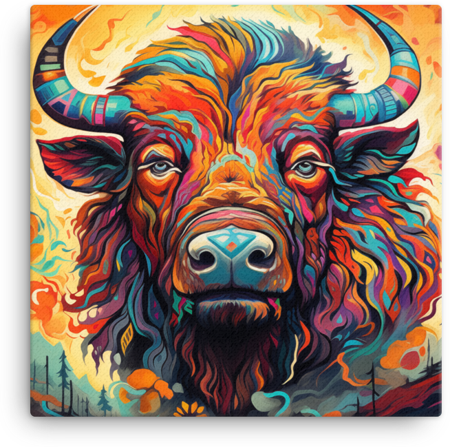 Psychedelic Forest Bison Portrait Canvas Wall Art
