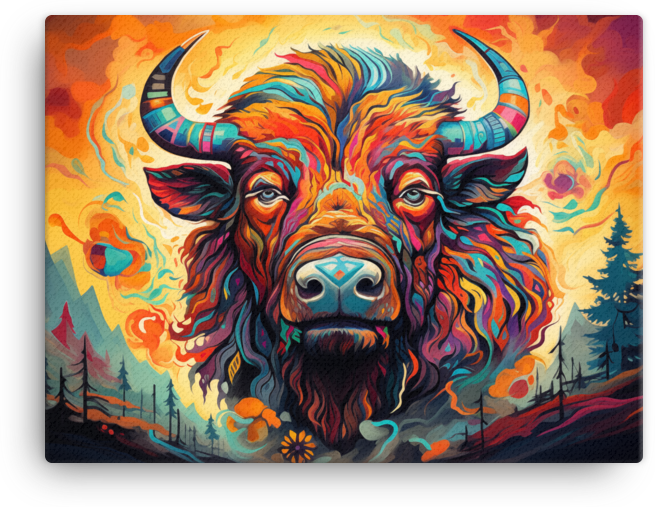 Psychedelic Forest Bison Portrait Canvas Wall Art