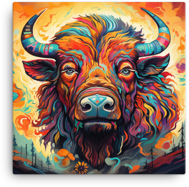 Psychedelic Forest Bison Portrait Canvas Wall Art