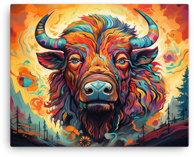 Psychedelic Forest Bison Portrait Canvas Wall Art