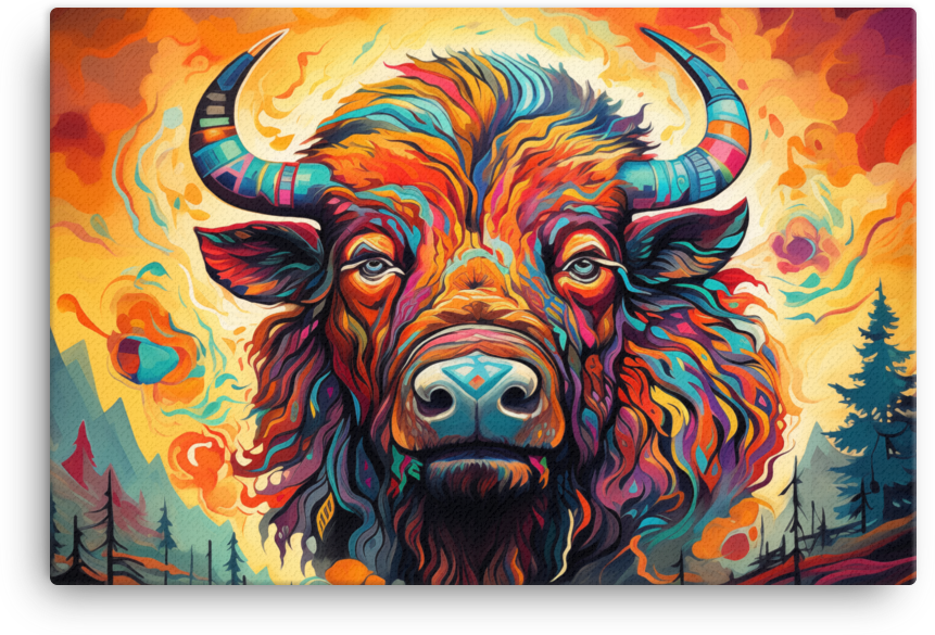 Psychedelic Forest Bison Portrait Canvas Wall Art