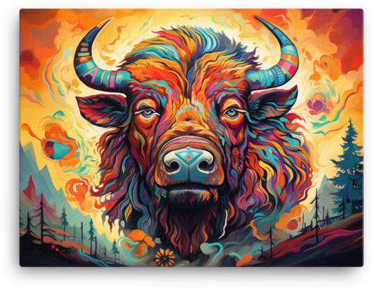 Psychedelic Forest Bison Portrait Canvas Wall Art
