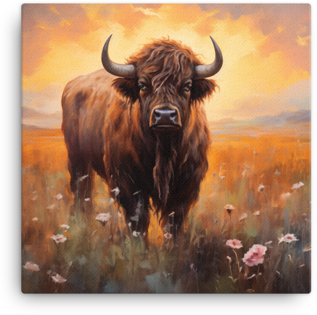 Sunset Prairie Bison in Wildflowers Canvas Wall Art