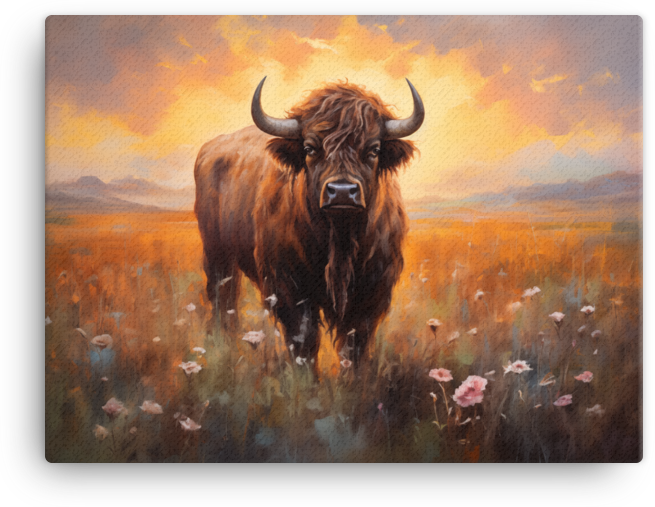 Sunset Prairie Bison in Wildflowers Canvas Wall Art