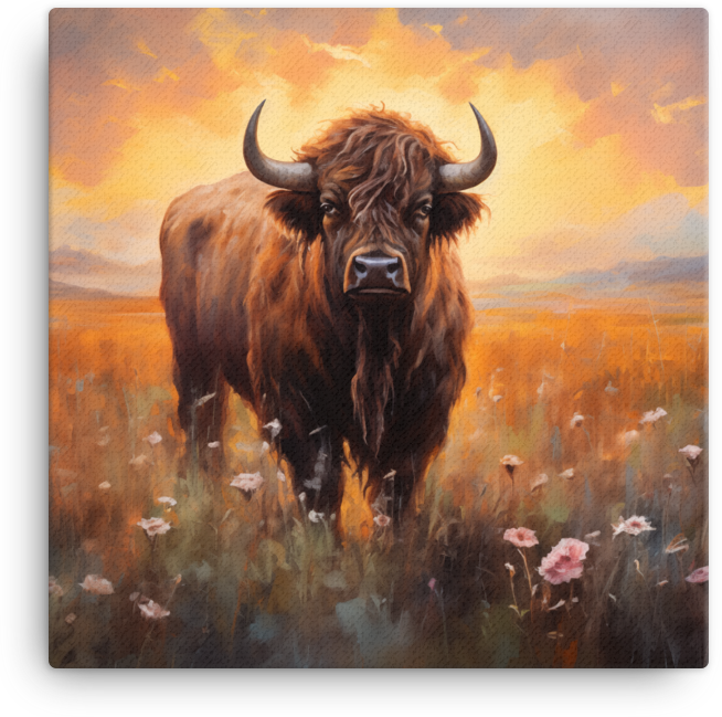 Sunset Prairie Bison in Wildflowers Canvas Wall Art