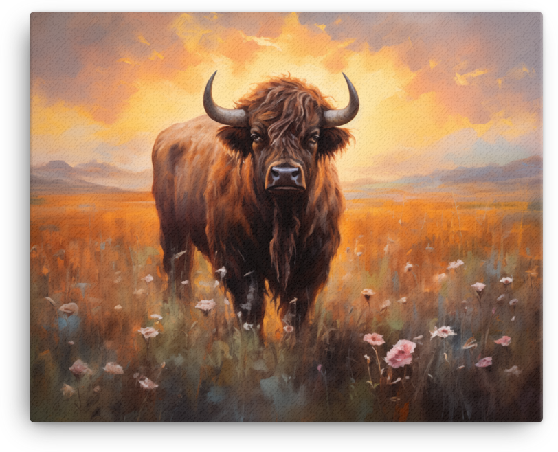 Sunset Prairie Bison in Wildflowers Canvas Wall Art