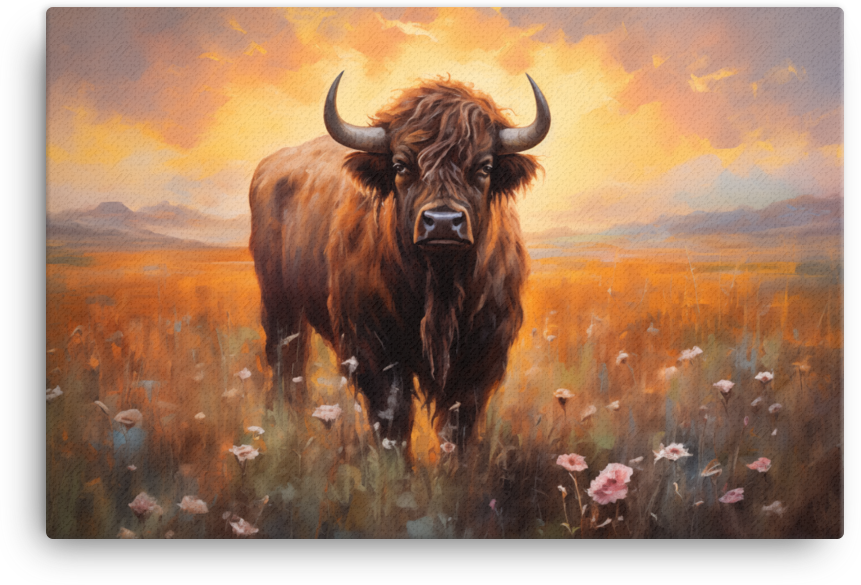 Sunset Prairie Bison in Wildflowers Canvas Wall Art