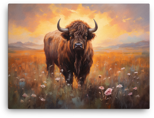 Sunset Prairie Bison in Wildflowers Canvas Wall Art