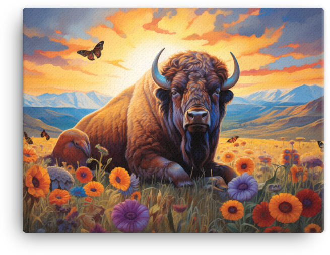 Sunset Serenity Bison and Wildflowers Canvas Wall Art
