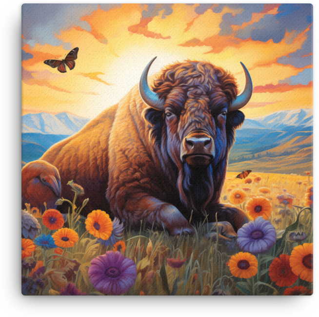 Sunset Serenity Bison and Wildflowers Canvas Wall Art