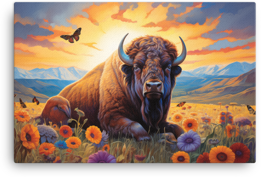 Sunset Serenity Bison and Wildflowers Canvas Wall Art